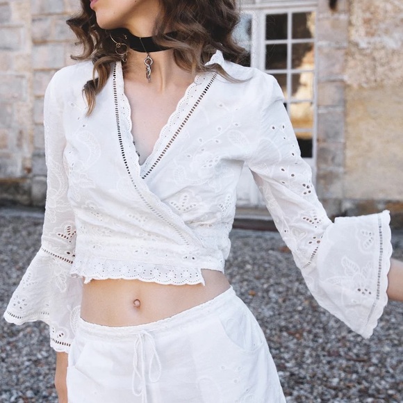 SPELL & THE GYPSY Damsel White Broderie Anglaise Long Sleeve Crop Wrap Top - Picture 5 of 16